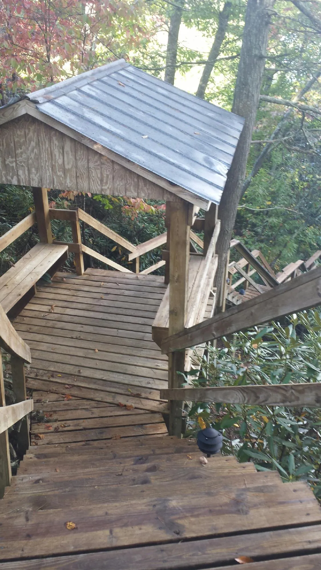 Metal roofed shelter over wooden steps on a wooded walkway — Skylight Repair & Installation work by our crew in Rathdrum